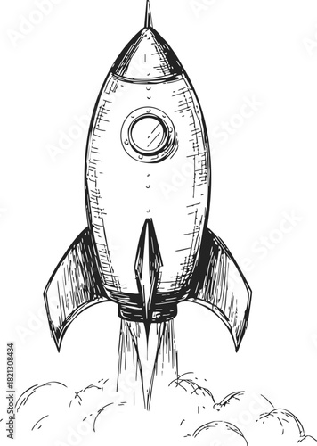 Rocket sketch hand drawn launching with smoke and flames. Vector illustration