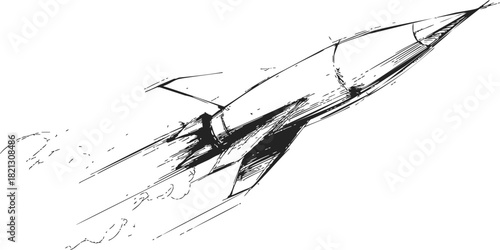 Rocket sketch hand drawn style with dynamic motion lines and smoke trail. Vector illustration