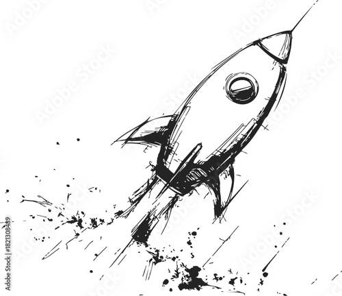 Rocket sketch hand drawn blasting off with dynamic ink splatter. Vector illustration