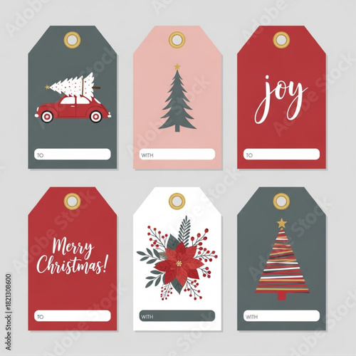Modern Christmas Gift Tag Collection with Poinsettia, Car, and Tree Designs