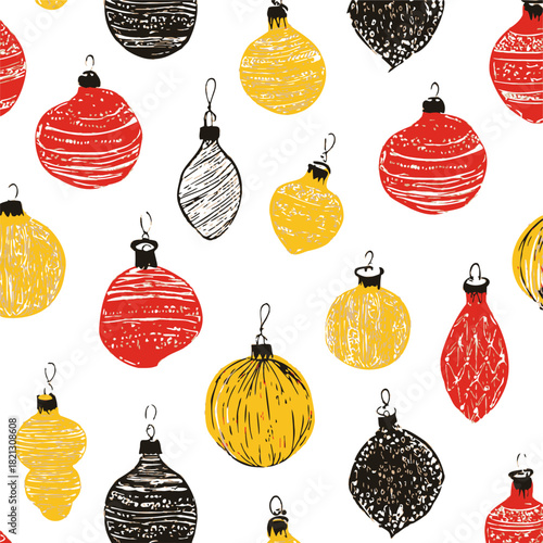 Christmas ornaments, hand drawn sketch style with red, yellow, and black baubles. Vector illustration