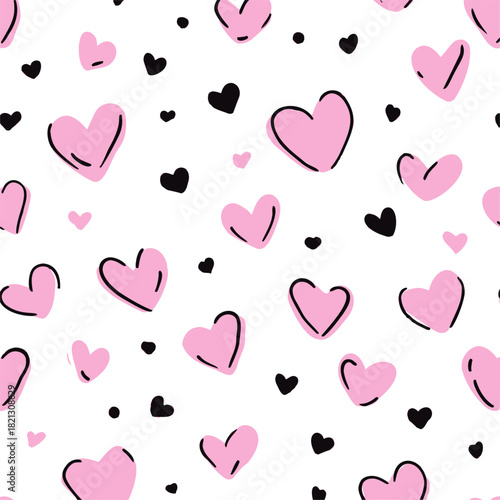 Pink hearts seamless pattern, sketch hand drawn style, playful romantic background. Vector illustration