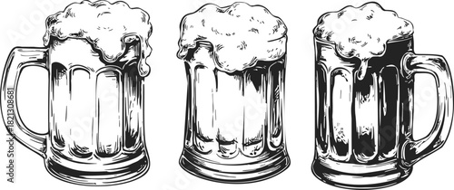 Beer mugs hand drawn sketch with frothy foam, three detailed glass tankards. Vector illustration