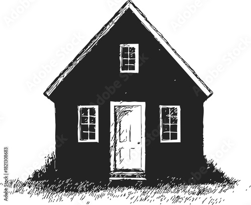 House, hand drawn sketch style with pitched roof, front door and windows. Vector illustration