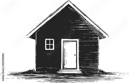 Black house, hand drawn sketch style with pitched roof, white window and door. Vector illustration