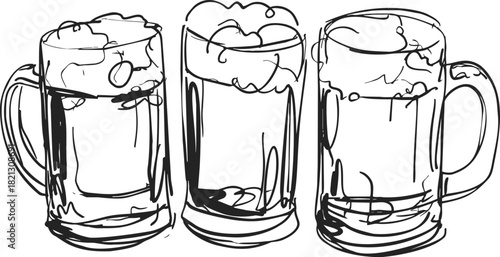 Beer mugs, hand drawn sketch style with foam and bubbles, three pint glasses. Vector illustration