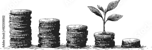 Coin stacks hand drawn sketch with plant sprout growing from coins, symbolizing financial growth. Vector illustration