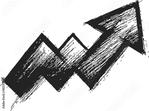 Upward arrow sketch, hand drawn vector, jagged rising arrow with rough textured lines. Vector illustration