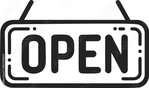 Open sign, hand drawn sketch line art, hanging business storefront display. Vector illustration