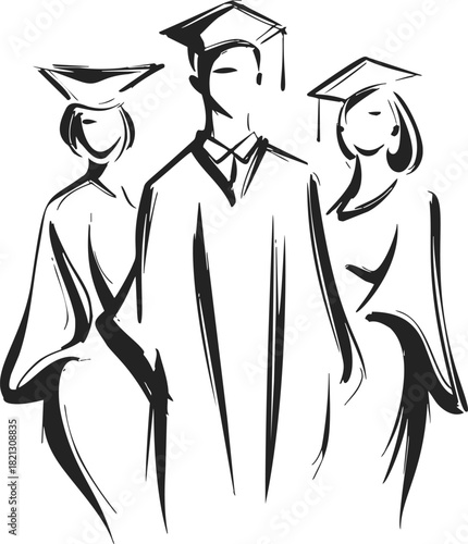 Graduates sketch hand drawn group in academic caps and gowns. Vector illustration