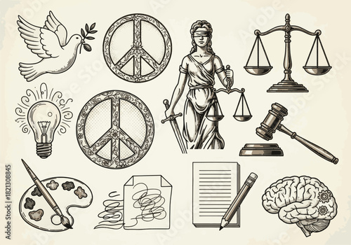 A curated collection of hand-drawn vector illustrations depicting symbols of justice, peace, creativity, and knowledge, ideal for design projects on law, art, and social themes