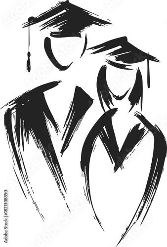 Graduates, hand drawn sketch style with academic caps and diplomas. Vector illustration