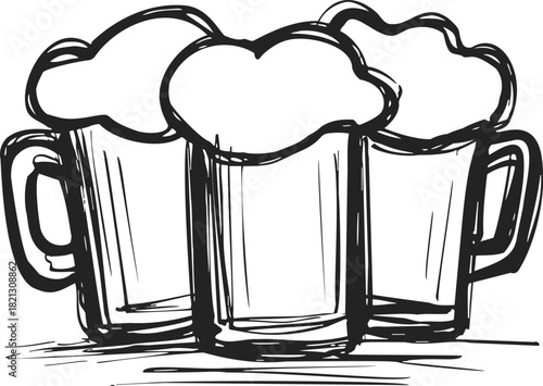 Beer mugs sketch hand drawn with frothy beer and handles. Vector illustration