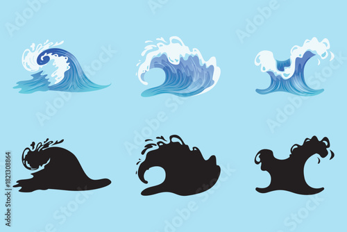 Set of ocean wave icons in dynamic shapes for marine, surfing, and water-themed designs.
