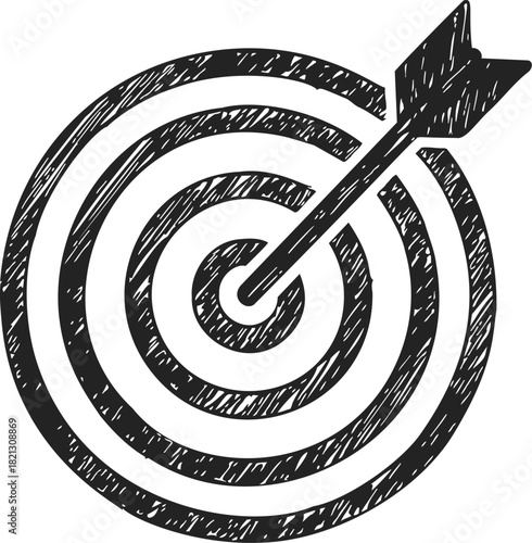 Target with arrow, hand drawn sketch style, concentric circles and bullseye aim. Vector illustration