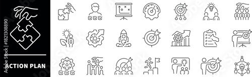Action plan vector icon set. Action plan thine line icons collection. Planning, schedule, strategy, analysis, tasks, goal, planning related icons