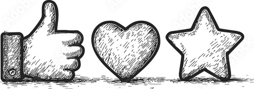 Thumbs up, heart, and star sketch hand drawn icons in a row. Vector illustration