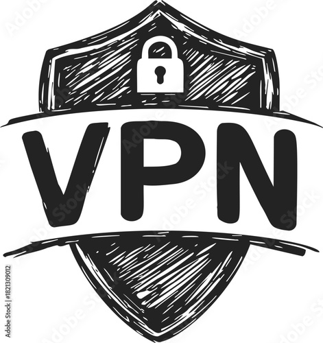 VPN shield hand drawn sketch with padlock symbolizing internet security. Vector illustration