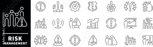 Risk management vector icons. Risk management icons set in line style. Analysis, investment, minimizing losses, plan, low cost, risk  related icons