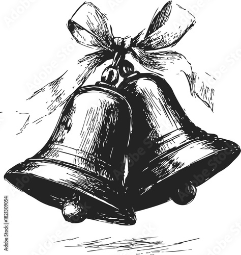 Bells hand drawn sketch with ribbon, vintage style festive decoration. Vector illustration