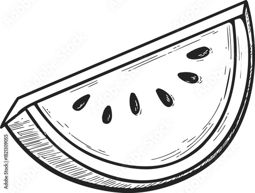 Watermelon slice sketch hand drawn with seeds and rind detail. Vector illustration