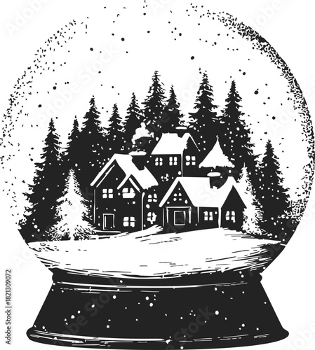 Snow globe with winter village, hand drawn sketch style, cozy cottage surrounded by evergreen trees. Vector illustration