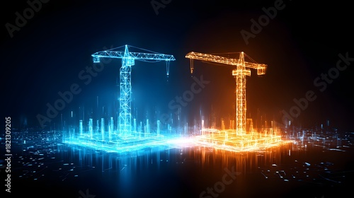 Holographic construction tower cranes in blue and orange colors, digital transformation, industry, future building, technology, competition, engineering.