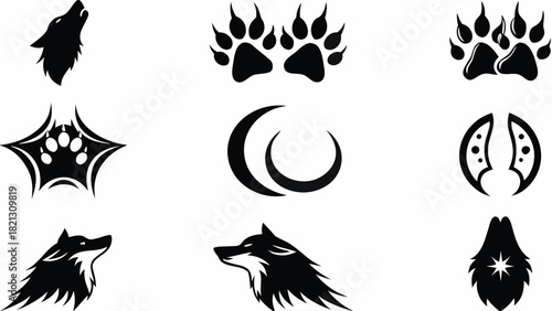 Mystical wolf pack symbols artfully arranged, perfect for branding, tattoos, and designs inspired by nature, wildlife, and powerful animal spirits