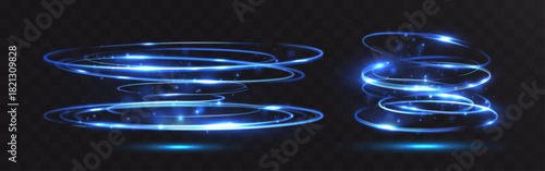 Blue spiral light rings with sparkling particles swirling in a glowing vortex on a dark transparent background.

