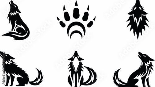 Striking wolf silhouette collection howling at the moon, perfect for tattoo design, logo, or modern wildlife branding with a tribal, nature inspired aesthetic