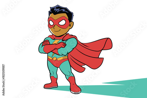 A brave, heroic young child stands confidently in a superhero costume.