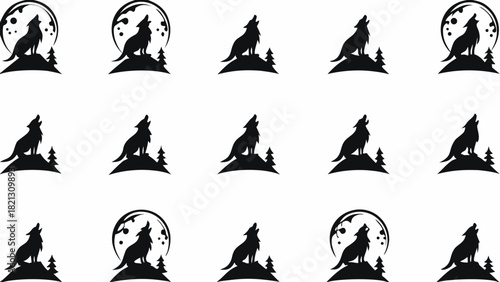 Mystical howling wolf silhouette at night, perfect for striking logo design, nature-themed brand, or unique emblem, originally vector graphics