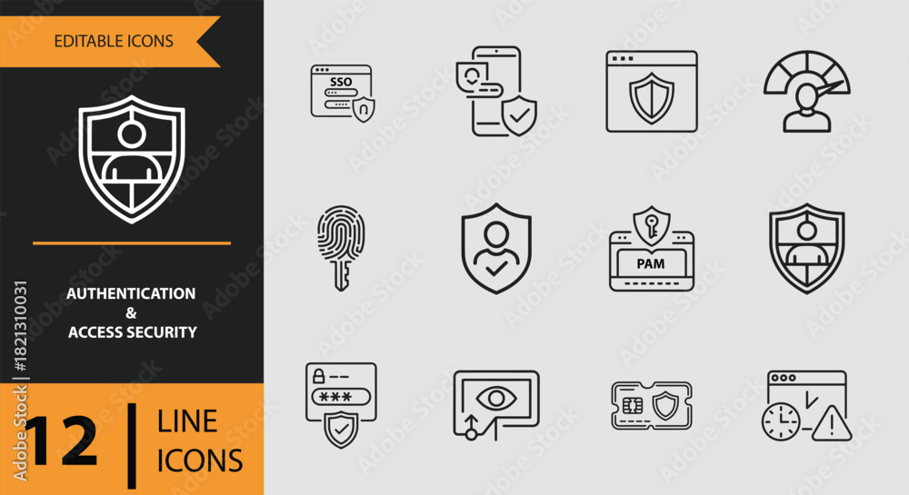 Fototapeta premium 12 Authentication and Access Security Icons outline icon set. Outline access security icons for authentication and entry protection