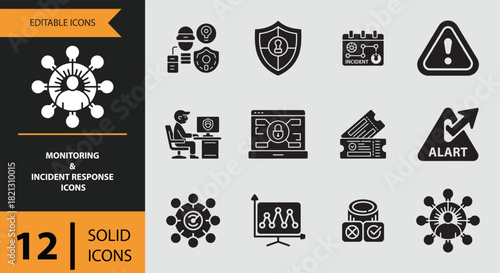 12 Monitoring and Incident Response Icons solid icon set. Solid incident monitoring icons for security response management