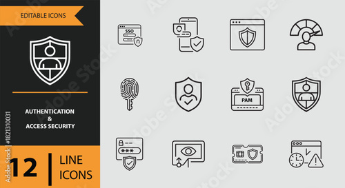 12 Authentication and Access Security Icons outline icon set. Outline access security icons for authentication and entry protection