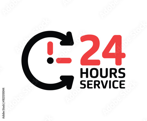 A 24 hours service icon displays a circular arrow around an exclamation mark and the text '24 HOURS SERVICE'.
