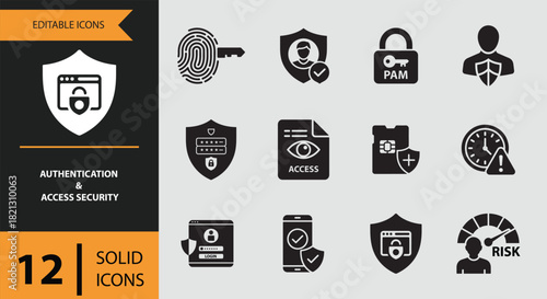 12 Authentication and Access Security Icons solid icon set. Solid access security icons for identity and login control