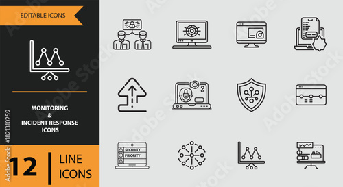 12 Monitoring and Incident Response Icons outline icon set. Outline incident response icons for security monitoring tasks