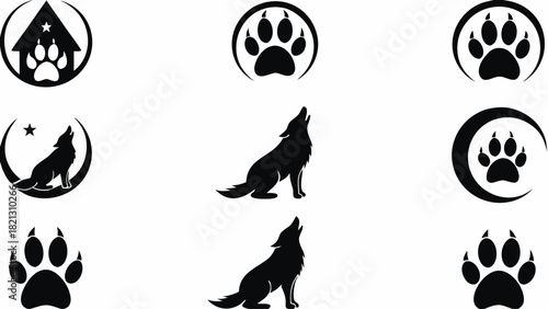 Striking wolf and paw print icons ready to use for animal-themed designs, perfect for logos, branding, and creative projects, versatile black and white elements