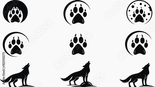 Mystic wolf howling at the moon with paw print illustrations, perfect for wildlife designs, logo concepts, and nature-inspired branding projects and themes