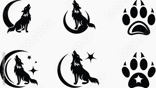 Majestic howling wolf silhouettes with moon and stars, perfect for logo designs, brand identities, and captivating animal-themed illustrations in modern style