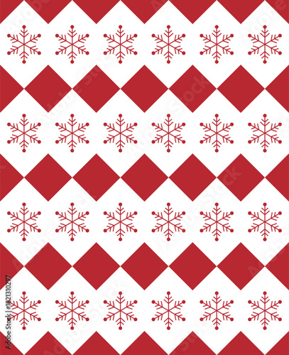A Christmas pattern featuring repeating snowflakes and diamond shapes. This festive backdrop is ideal for wrapping paper, fabric prints, website backgrounds, and seasonal packaging designs.