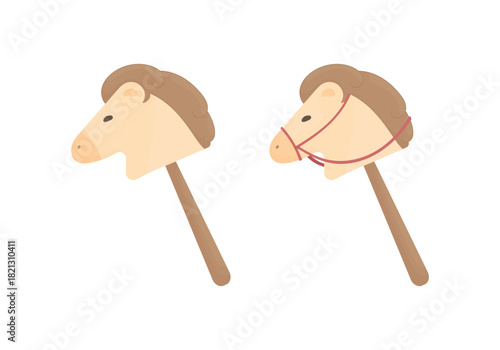 A horse head on a wooden stick, a toy, on a white background. Hobbyhorsing. A sport element.