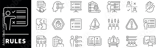 Rules vector icons. Set of thin line icons related to rules. Compliance, regulatory concept, law gavel, standards, requirements, legal terms and conditions, regulation, guidelines, rules icons