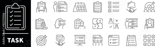 Task vector icons. Set of thin line vector icons related to task. Clipboard, checklist, report, survey or agreement, home task, task icons.