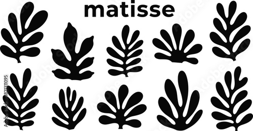 matisse inspired abstract leaf shapes, black organic cutout design, modern minimalist art, bold graphic elements, paper collage style