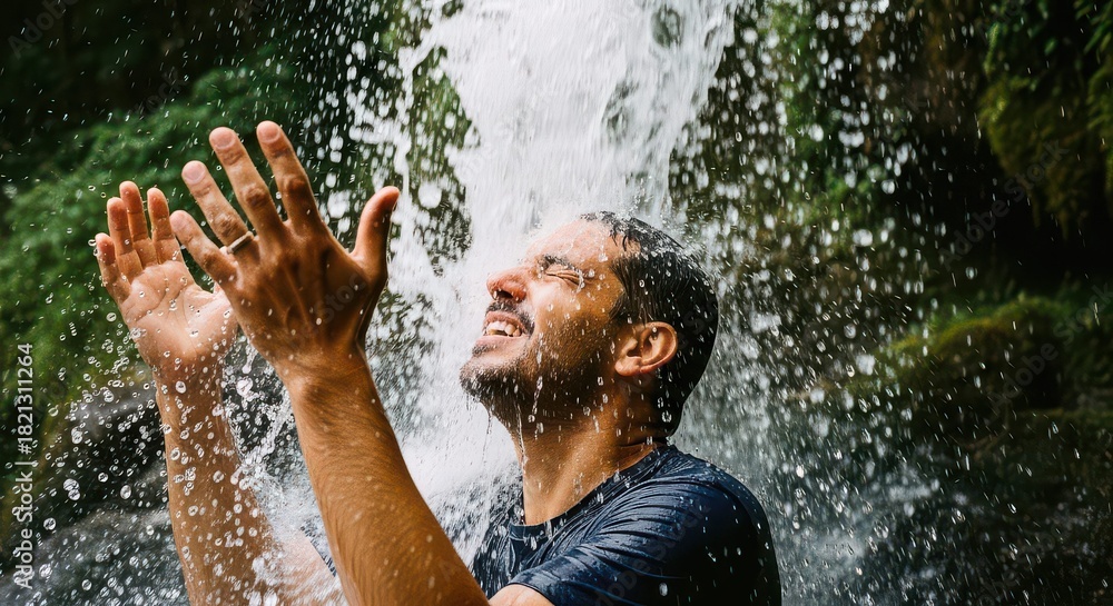 Fototapeta premium Man experiencing refreshing waterfall shower, feeling invigorated and free in nature, a moment of pure joy and connection with the natural world