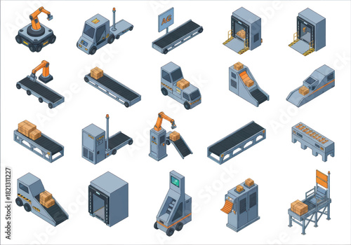 Isometric Industrial Automation Icons Conveyor Belts, Robot Arms, and Automated Systems