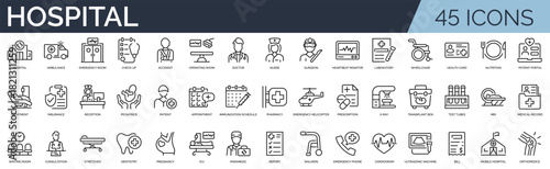 Set of 45 outline icons related to hospital. Linear icon collection. Editable stroke. Vector illustration
