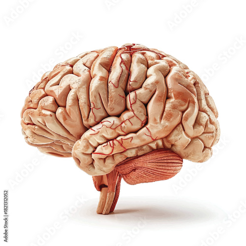 Realistic 3D Human Brain Model with Detailed Labeled Parts Including Cerebrum, Cerebellum, Brainstem, Lobes, and Functional Regions, Isolated on a Clean White Background for Educational.